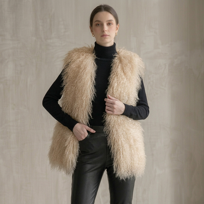 Genuine Champagne Cream Mongolian Lamb Fur Vest – 26 Inch Luxury Curly Fur Vest