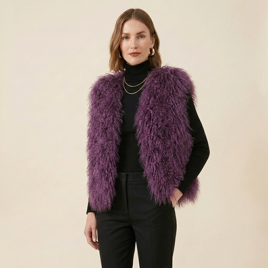 Genuine Mulled Wine Mongolian Lamb Fur Vest – 21 Inch Luxury Curly Fur Vest