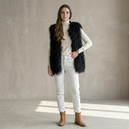 Black Mongolian Lamb Fur Vest – 26 Inch Genuine Curly Lamb Fur Vest