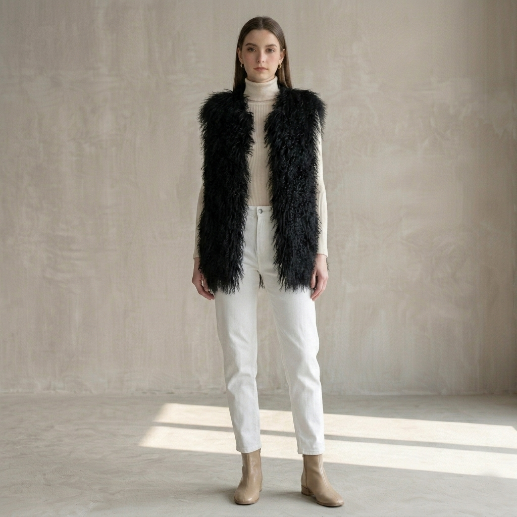 Black Mongolian Lamb Fur Vest – 26 Inch Genuine Curly Lamb Fur Vest
