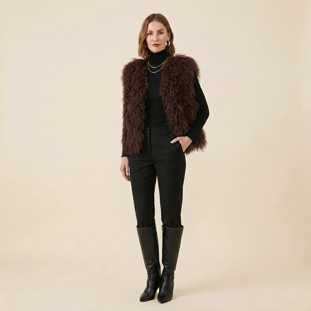 Genuine Chocolate Brown Mongolian Lamb Fur Vest – 21 Inch Luxury Curly Fur Vest