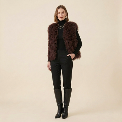 Genuine Chocolate Brown Mongolian Lamb Fur Vest – 21 Inch Luxury Curly Fur Vest