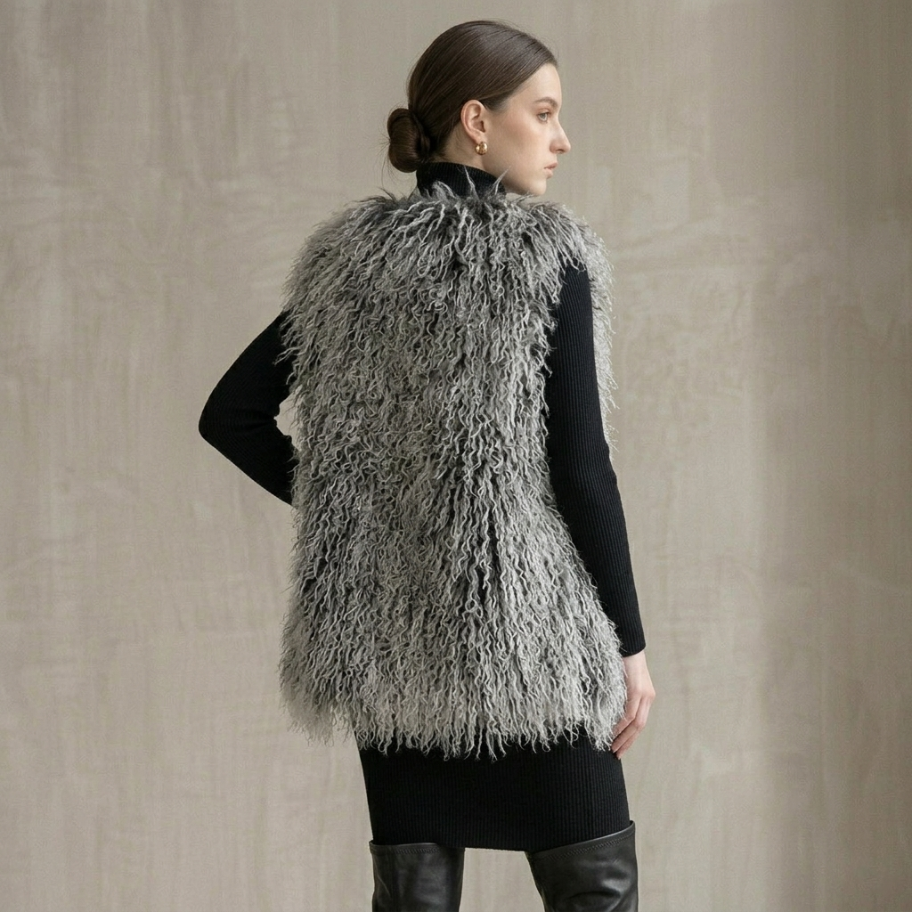 Frosted Grey Mongolian Lamb Fur Vest – 26 Inch Genuine Curly Lamb Fur Vest