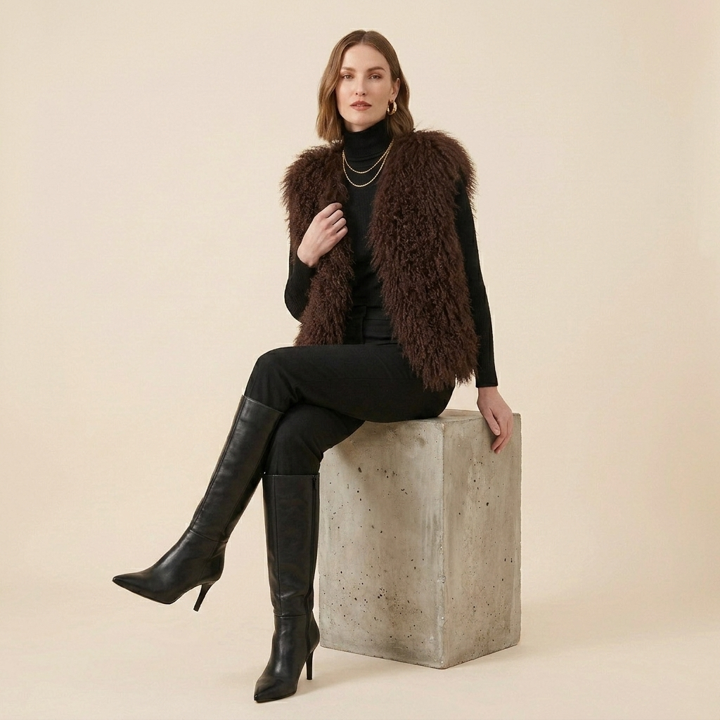 Genuine Chocolate Brown Mongolian Lamb Fur Vest – 21 Inch Luxury Curly Fur Vest
