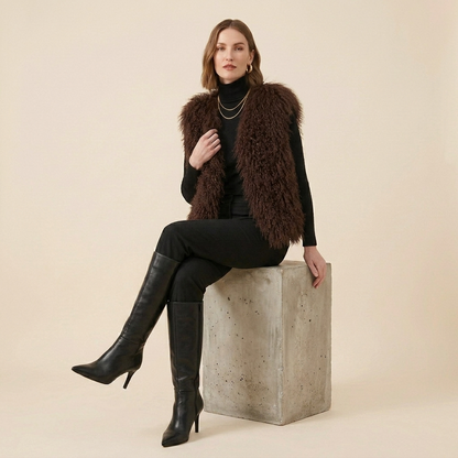 Genuine Chocolate Brown Mongolian Lamb Fur Vest – 21 Inch Luxury Curly Fur Vest