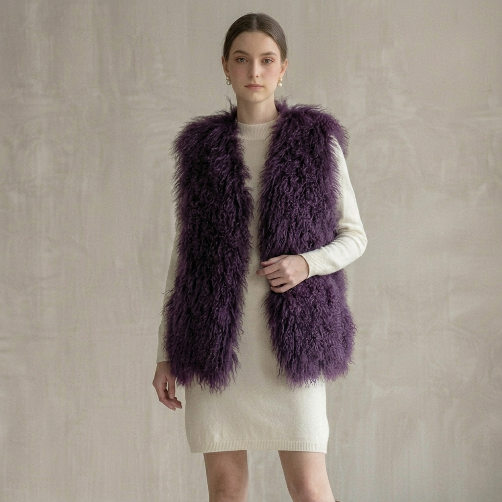 Dusty Plum Mongolian Lamb Fur Vest – 26 Inch Genuine Curly Lamb Fur Vest