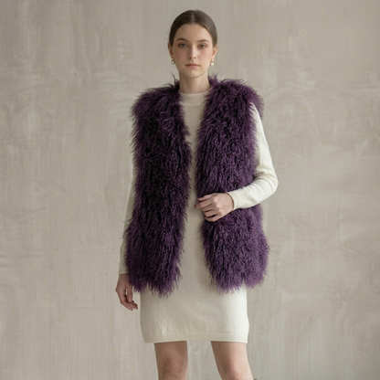 Dusty Plum Mongolian Lamb Fur Vest – 26 Inch Genuine Curly Lamb Fur Vest