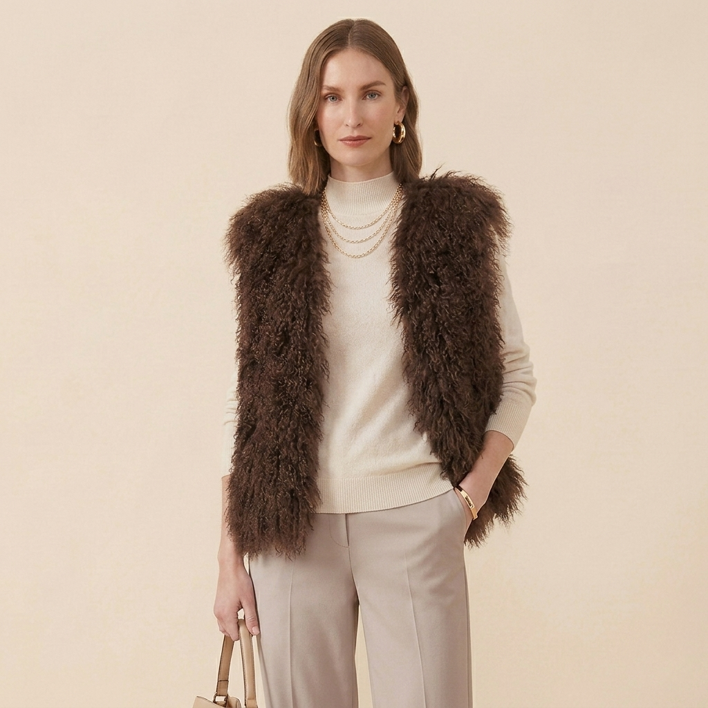 Genuine Chocolate Brown Mongolian Lamb Fur Vest – 21 Inch Luxury Curly Fur Vest