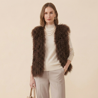 Genuine Chocolate Brown Mongolian Lamb Fur Vest – 21 Inch Luxury Curly Fur Vest