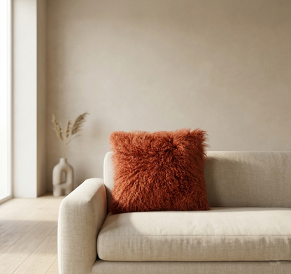 Mongolian Lamb Fur Pillow – Rusty Red | Soft Luxury Throw Pillow | Multiple Sizes Available