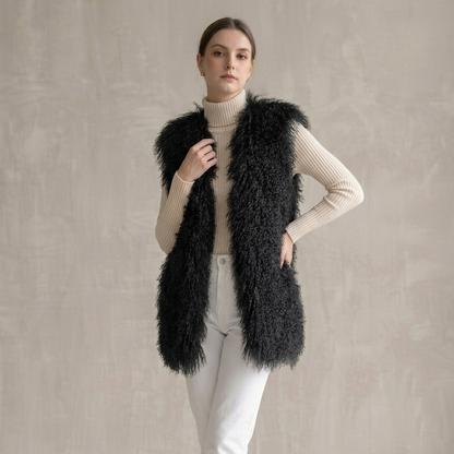 Black Mongolian Lamb Fur Vest – 26 Inch Genuine Curly Lamb Fur Vest