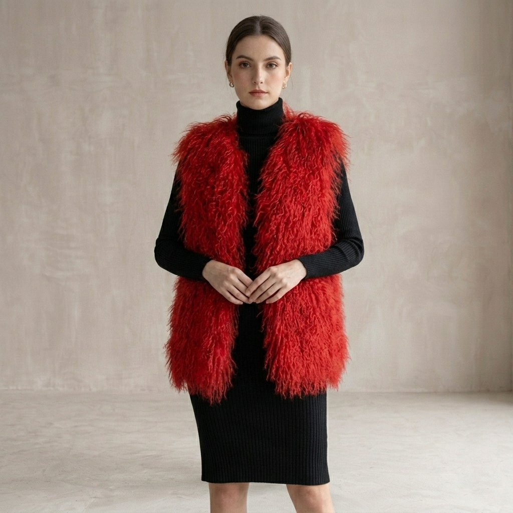 Burgundy Mongolian Lamb Fur Vest – 26 Inch Genuine Curly Lamb Fur Vest