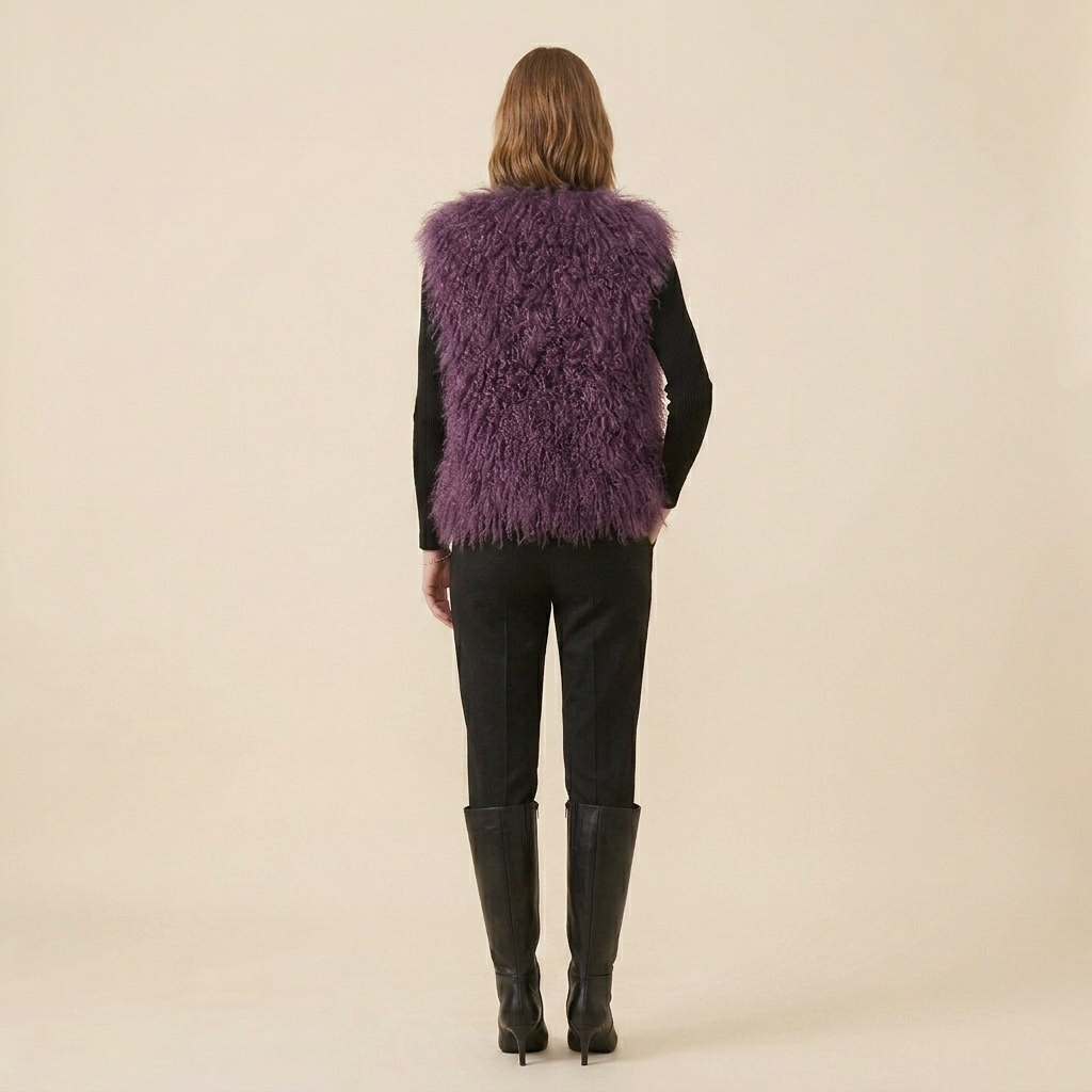 Genuine Mulled Wine Mongolian Lamb Fur Vest – 21 Inch Luxury Curly Fur Vest