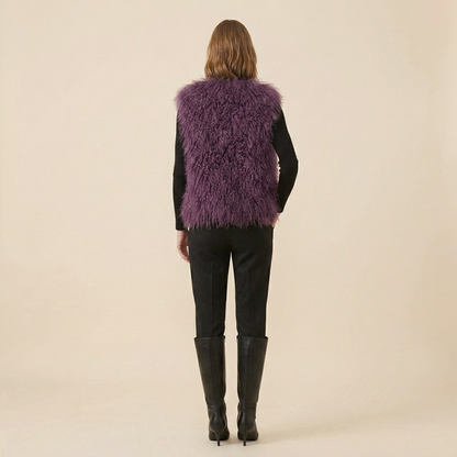 Genuine Mulled Wine Mongolian Lamb Fur Vest – 21 Inch Luxury Curly Fur Vest