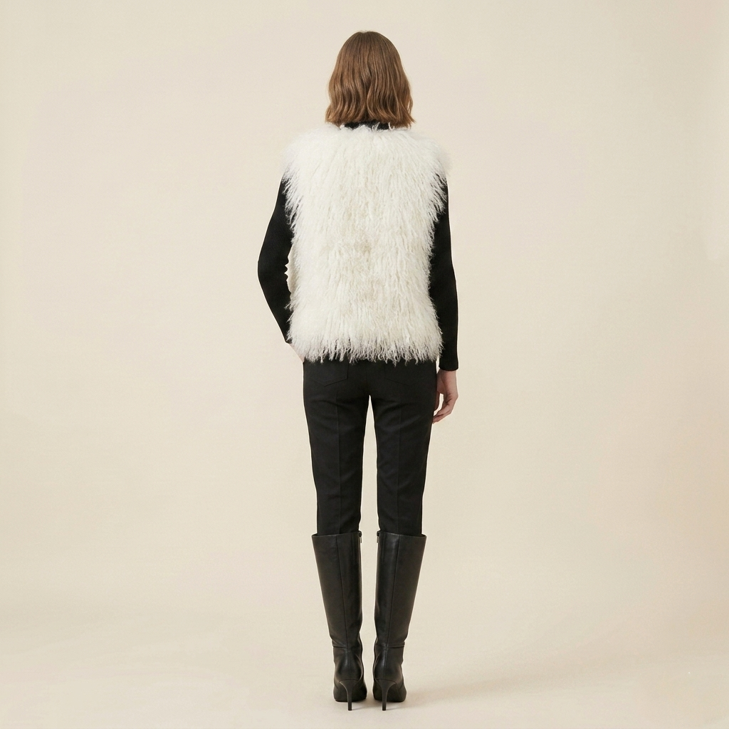 Genuine Natural White Mongolian Lamb Fur Vest – 21 Inch Luxury Curly Fur Vest