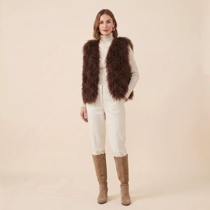 Genuine Chocolate Brown Mongolian Lamb Fur Vest – 21 Inch Luxury Curly Fur Vest