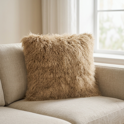 Mongolian Lamb Fur Pillow – Dark Beige| Soft Luxury Throw Pillow | Multiple Sizes Available