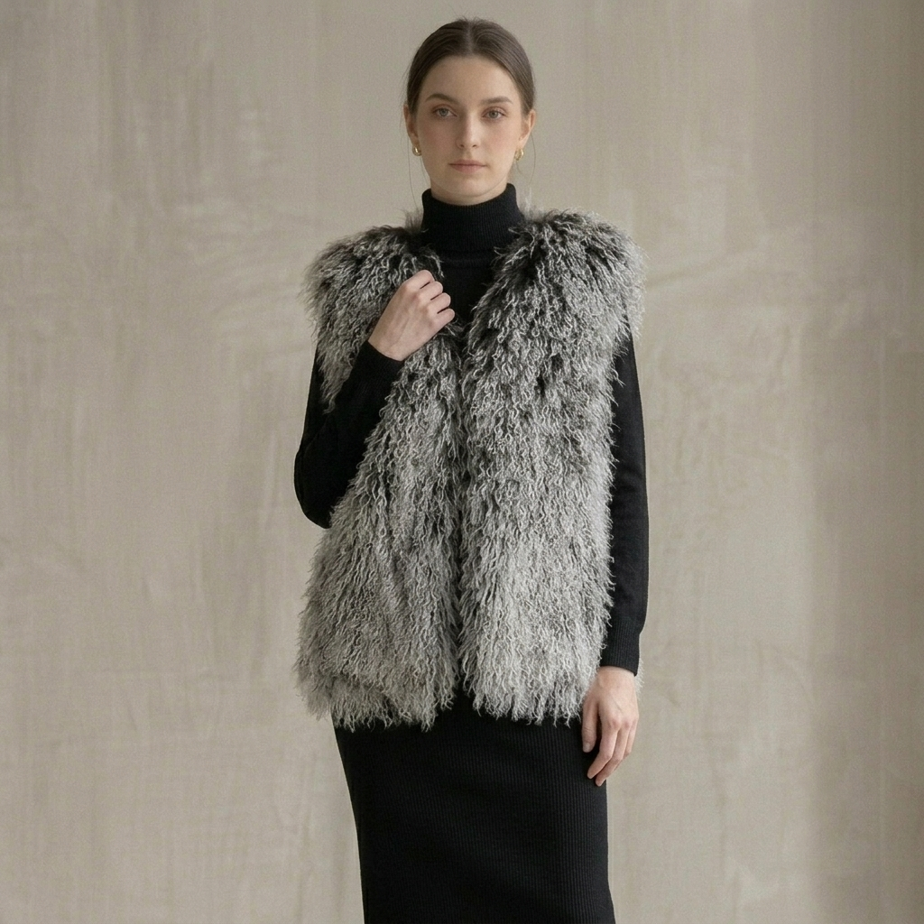 Frosted Grey Mongolian Lamb Fur Vest – 26 Inch Genuine Curly Lamb Fur Vest