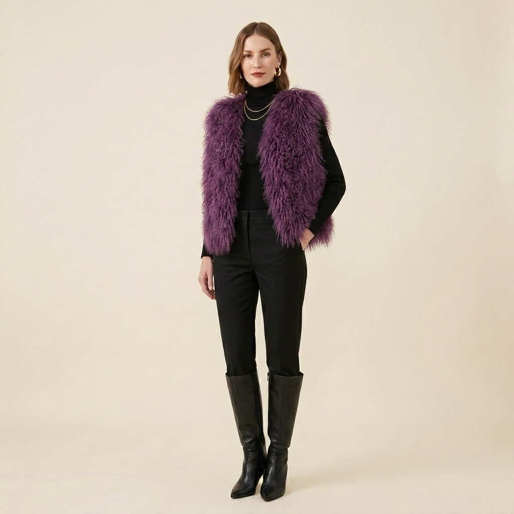 Genuine Mulled Wine Mongolian Lamb Fur Vest – 21 Inch Luxury Curly Fur Vest