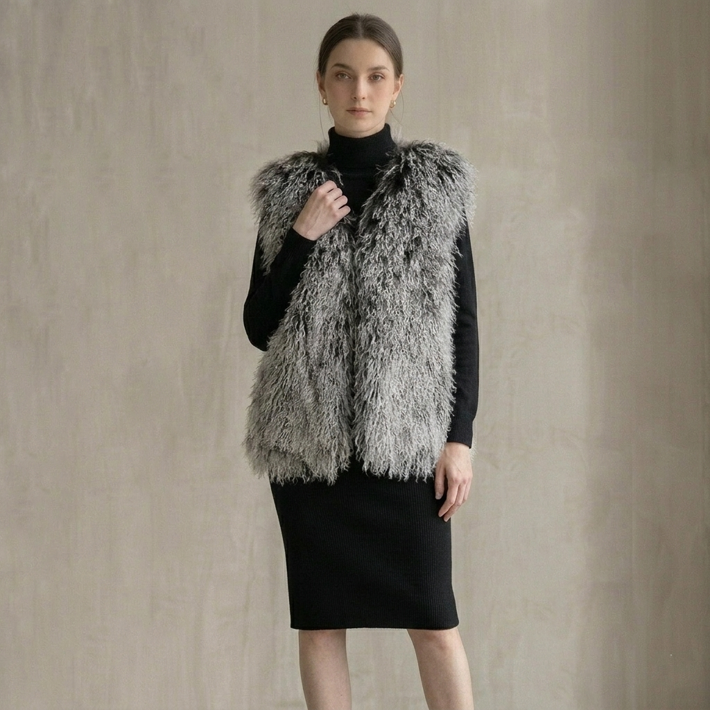 Frosted Grey Mongolian Lamb Fur Vest – 26 Inch Genuine Curly Lamb Fur Vest