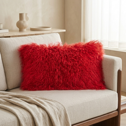 Housse de coussin en fourrure d'agneau tibétaine/mongole noire 