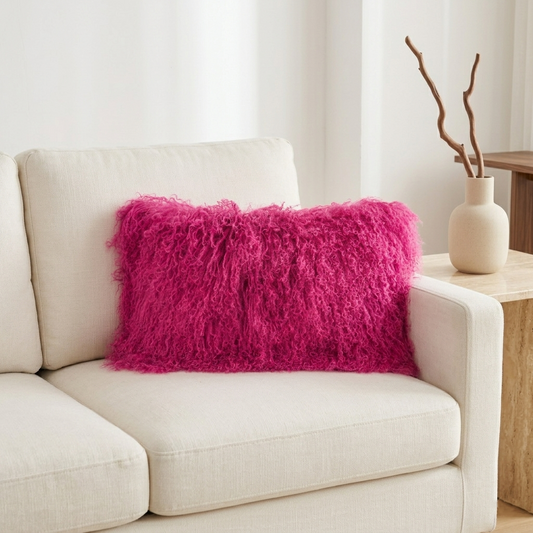 Housse de coussin en fourrure d'agneau tibétaine/mongole noire 