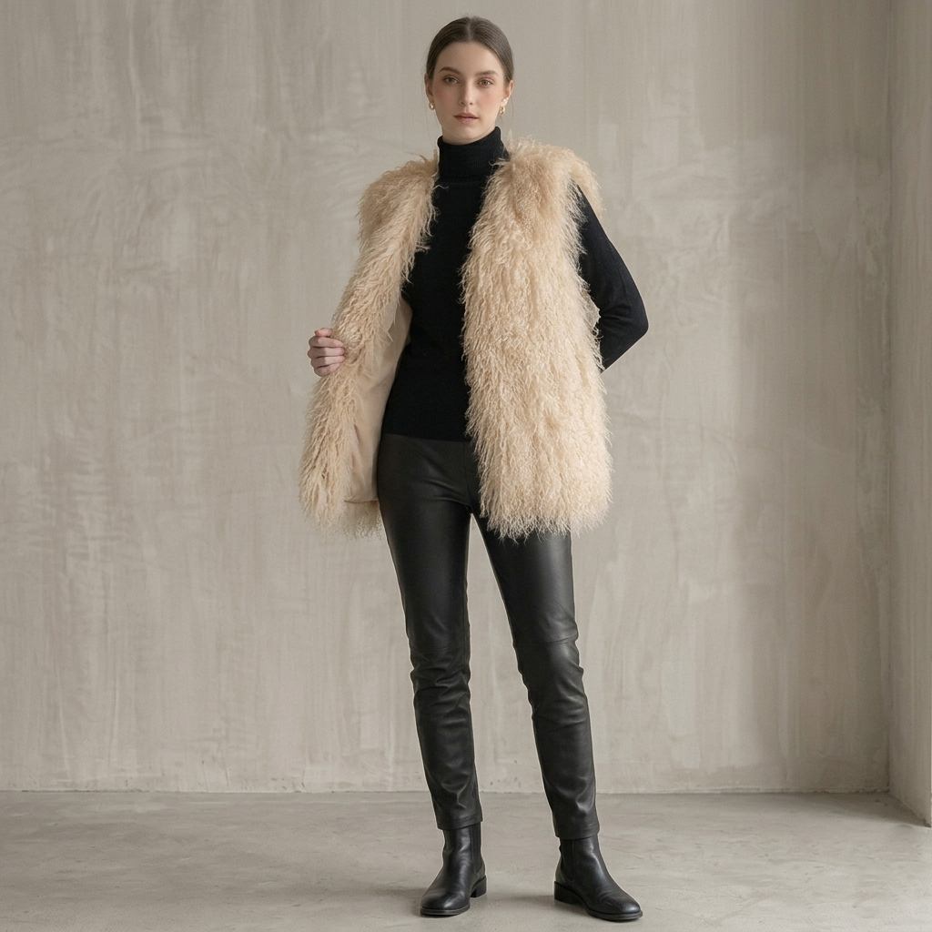 Genuine Champagne Cream Mongolian Lamb Fur Vest – 26 Inch Luxury Curly Fur Vest