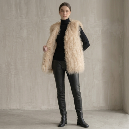 Genuine Champagne Cream Mongolian Lamb Fur Vest – 26 Inch Luxury Curly Fur Vest