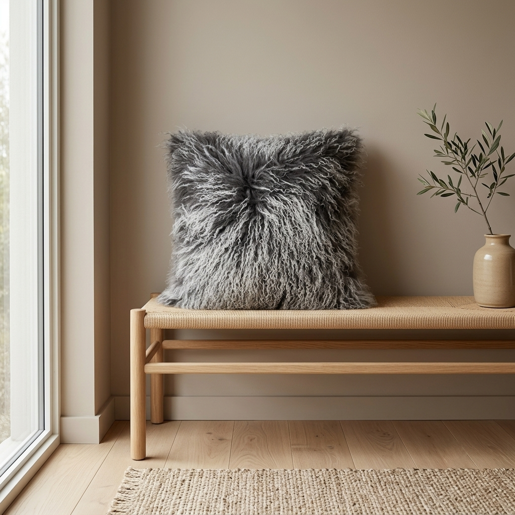 Mongolian Lamb Fur Pillow – Frosted Grey | Soft Luxury Throw Pillow | Multiple Sizes Available