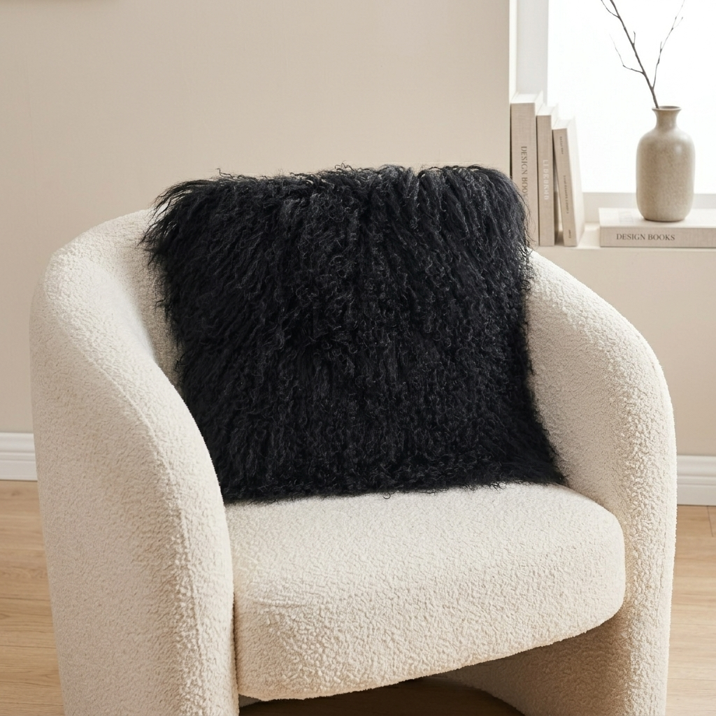 Mongolian Lamb Fur Pillow – Black | Soft Luxury Throw Pillow | Multiple Sizes Available