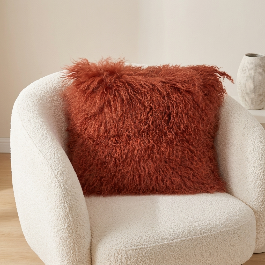 Mongolian Lamb Fur Pillow – Rusty Red | Soft Luxury Throw Pillow | Multiple Sizes Available