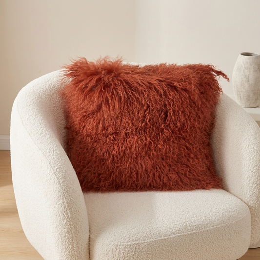 Mongolian Lamb Fur Pillow – Rusty Red | Soft Luxury Throw Pillow | Multiple Sizes Available