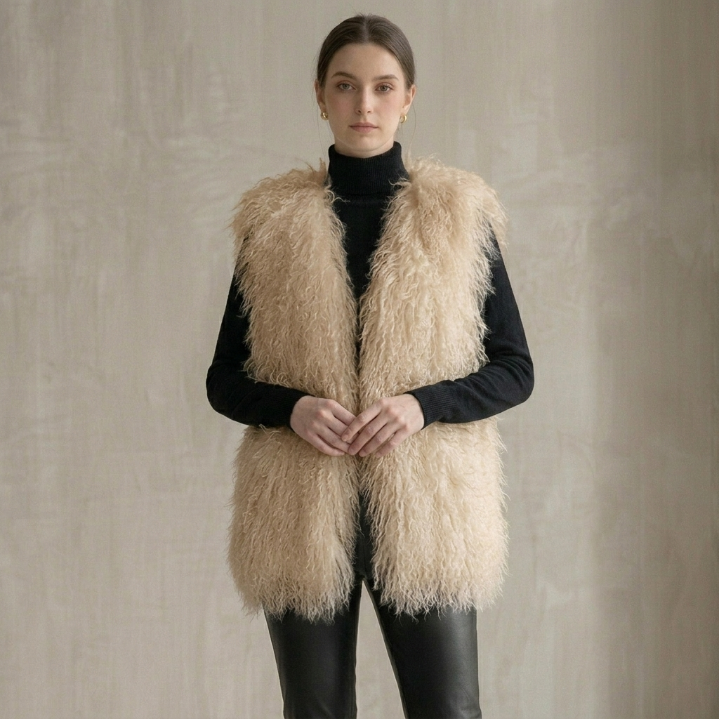 Genuine Champagne Cream Mongolian Lamb Fur Vest – 26 Inch Luxury Curly Fur Vest