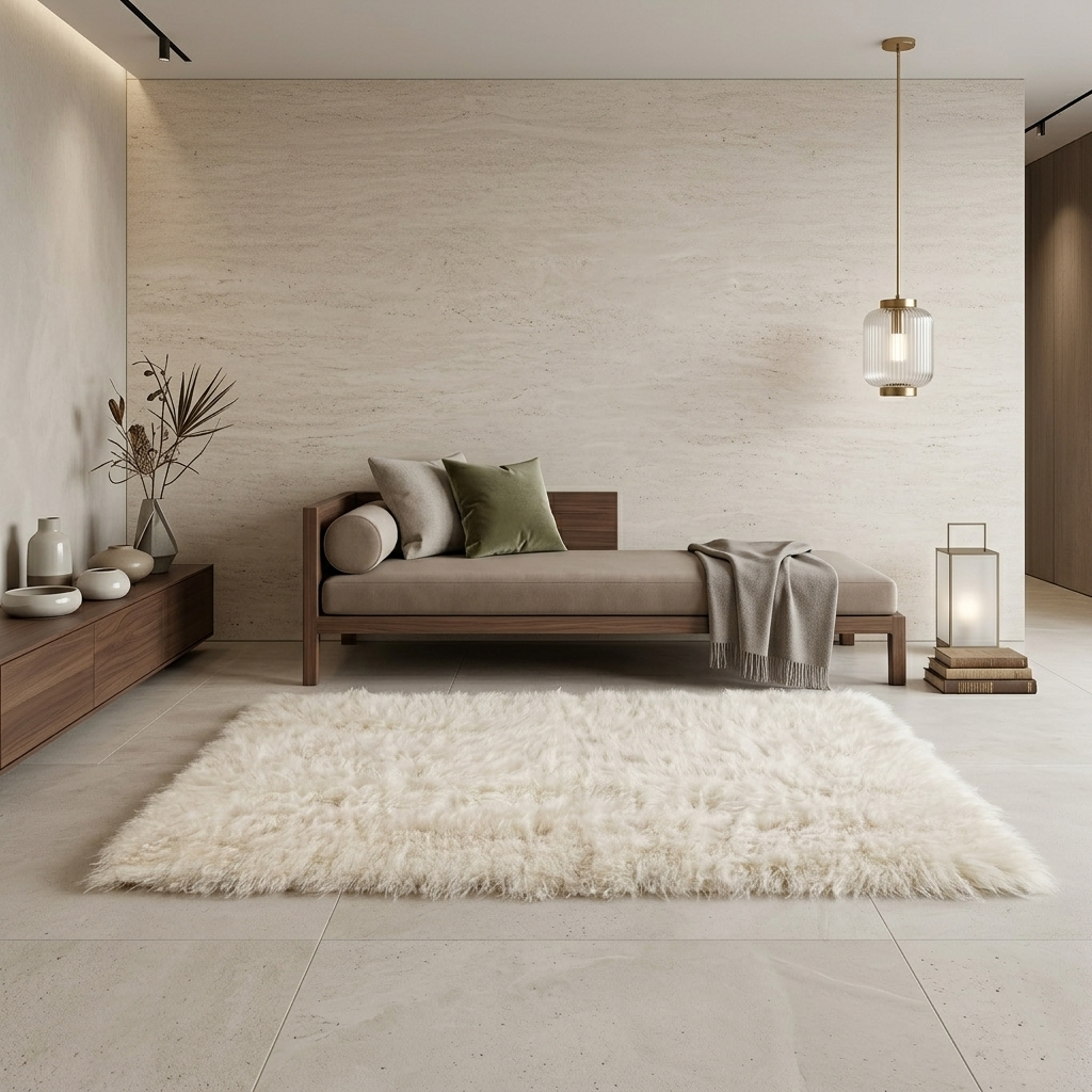 Tapis en fourrure d'agneau mongol/tibétain blanc naturel