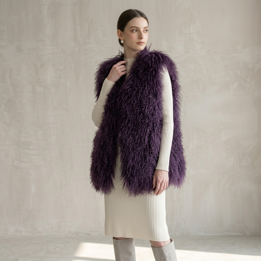 Dusty Plum Mongolian Lamb Fur Vest – 26 Inch Genuine Curly Lamb Fur Vest