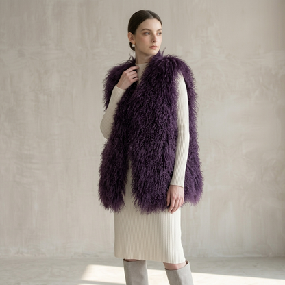 Dusty Plum Mongolian Lamb Fur Vest – 26 Inch Genuine Curly Lamb Fur Vest