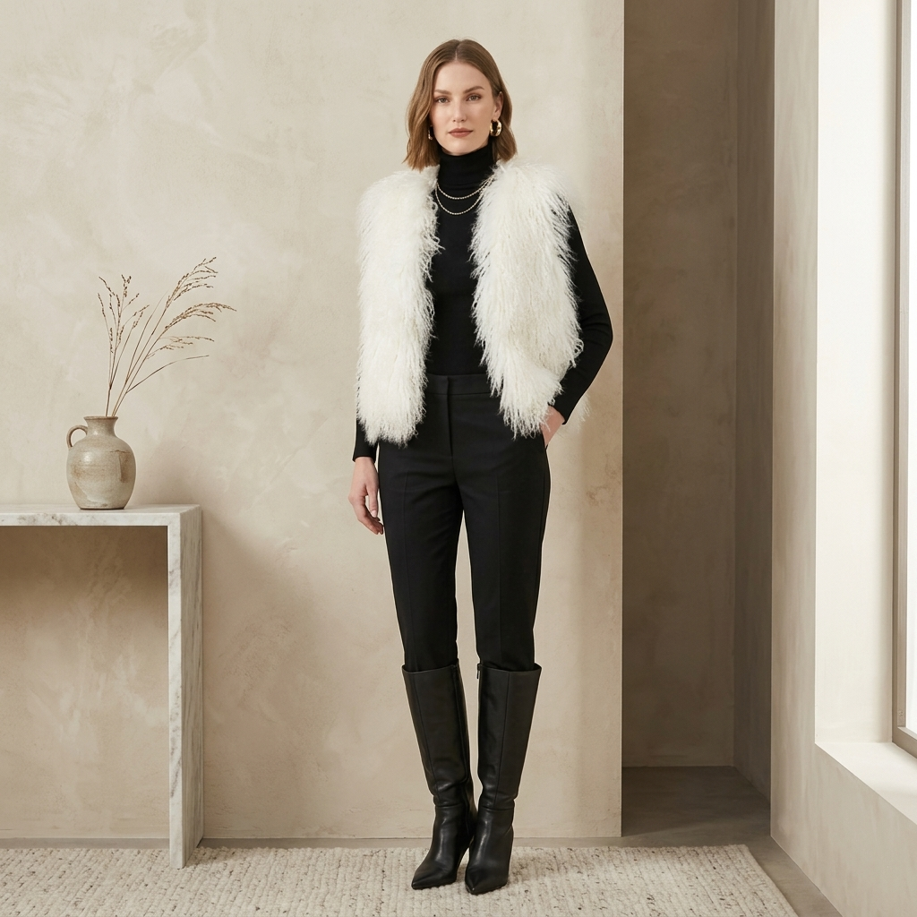 Genuine Natural White Mongolian Lamb Fur Vest – 21 Inch Luxury Curly Fur Vest