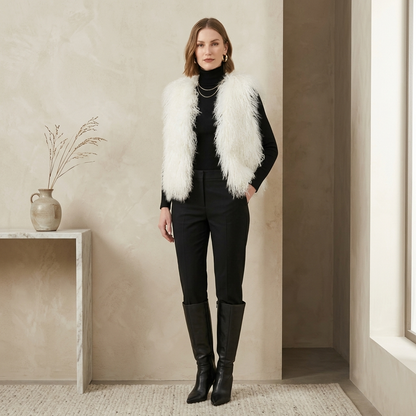 Genuine Natural White Mongolian Lamb Fur Vest – 21 Inch Luxury Curly Fur Vest