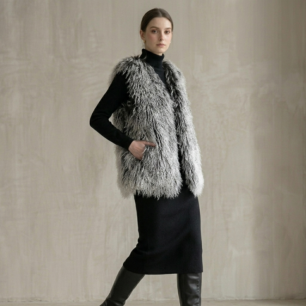 Frosted Grey Mongolian Lamb Fur Vest – 26 Inch Genuine Curly Lamb Fur Vest