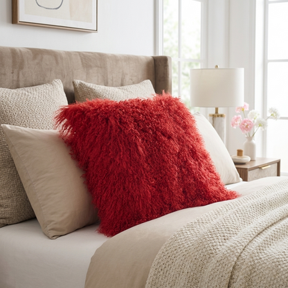 Mongolian Lamb Fur Pillow –Burgundy | Soft Luxury Throw Pillow | Multiple Sizes Available