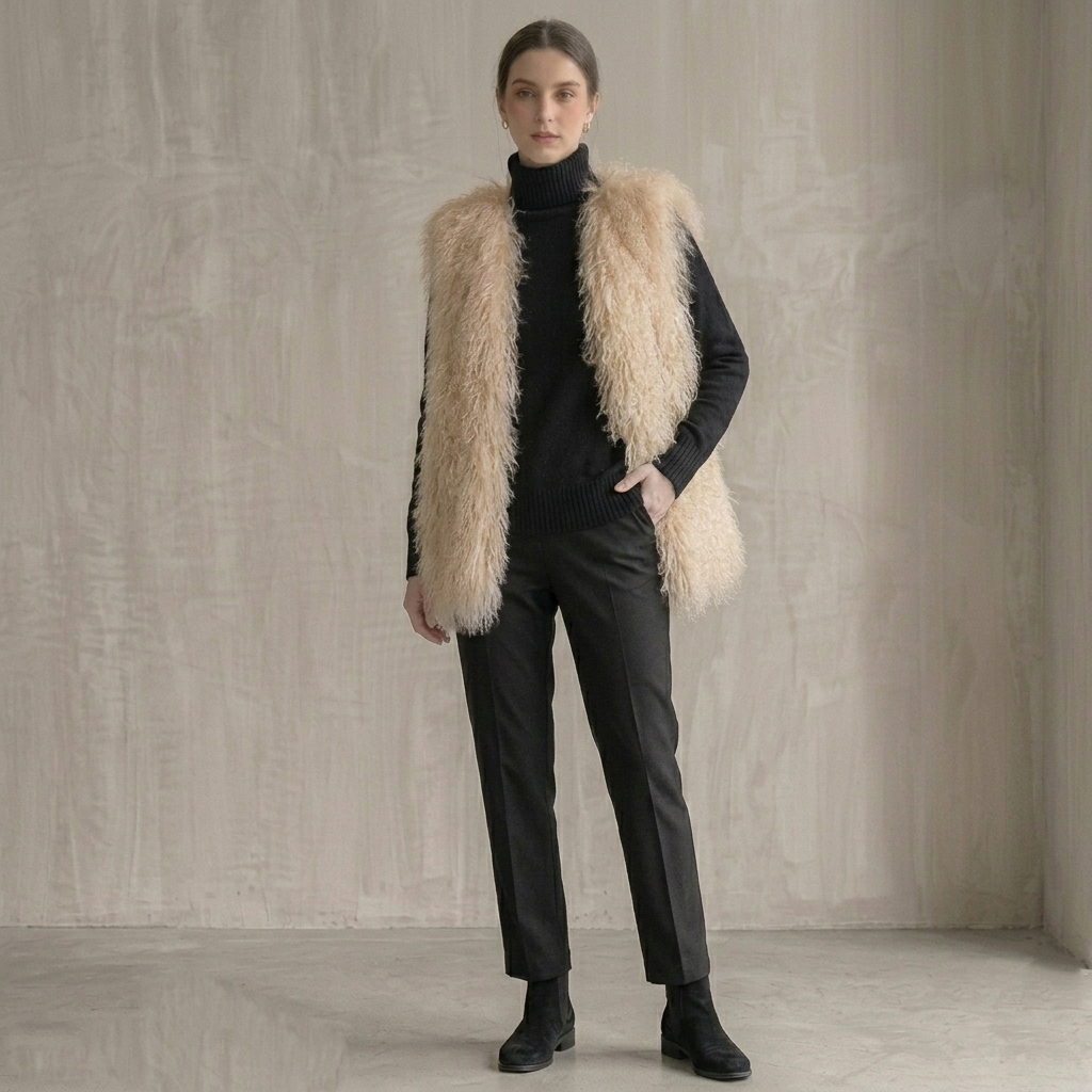 Genuine Champagne Cream Mongolian Lamb Fur Vest – 26 Inch Luxury Curly Fur Vest