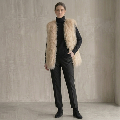 Genuine Champagne Cream Mongolian Lamb Fur Vest – 26 Inch Luxury Curly Fur Vest