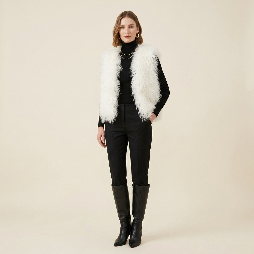 Genuine Natural White Mongolian Lamb Fur Vest – 21 Inch Luxury Curly Fur Vest