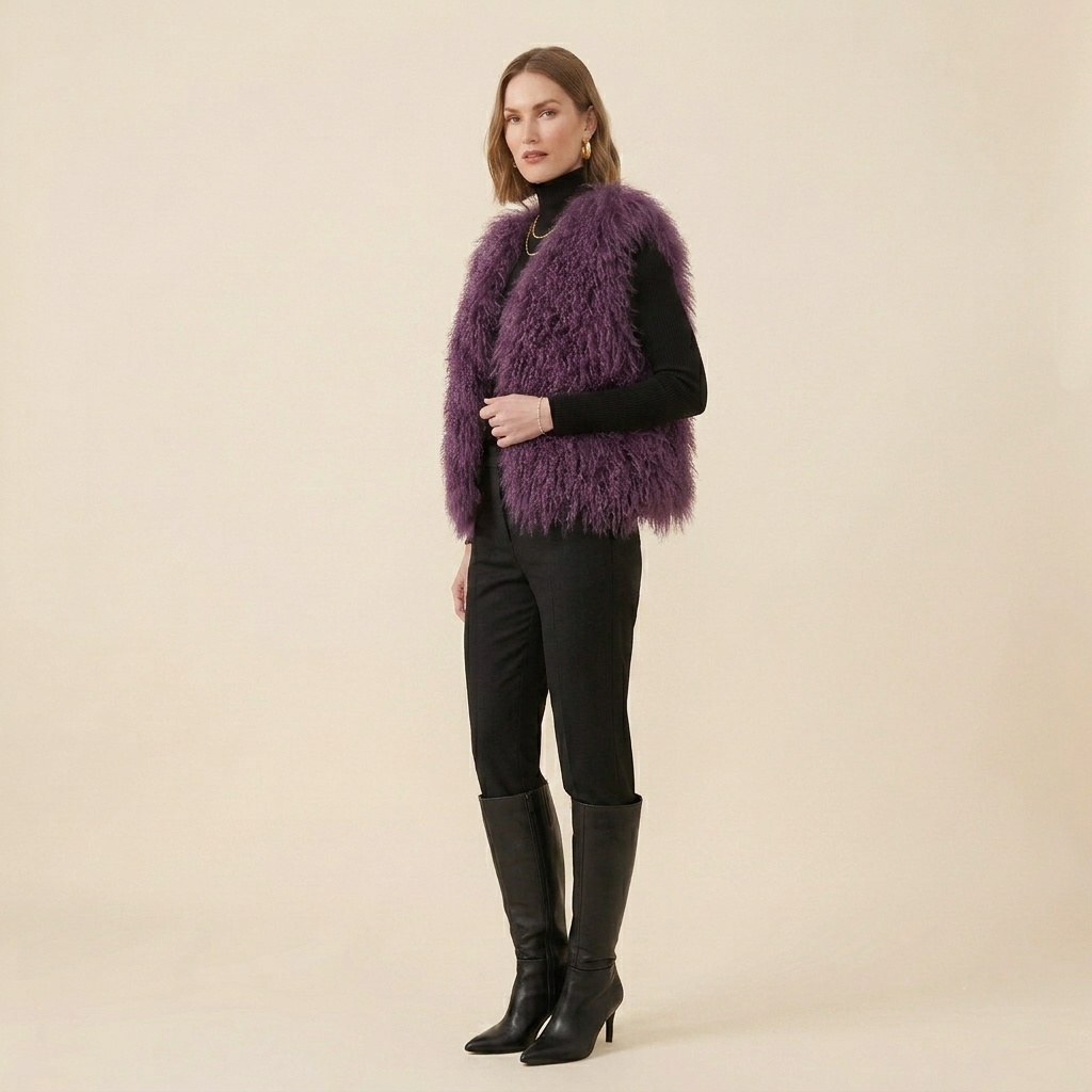 Genuine Mulled Wine Mongolian Lamb Fur Vest – 21 Inch Luxury Curly Fur Vest
