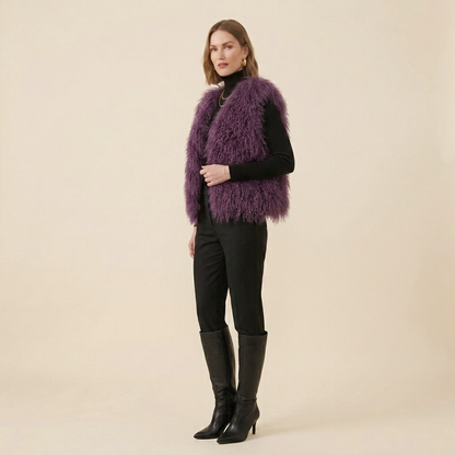 Genuine Mulled Wine Mongolian Lamb Fur Vest – 21 Inch Luxury Curly Fur Vest