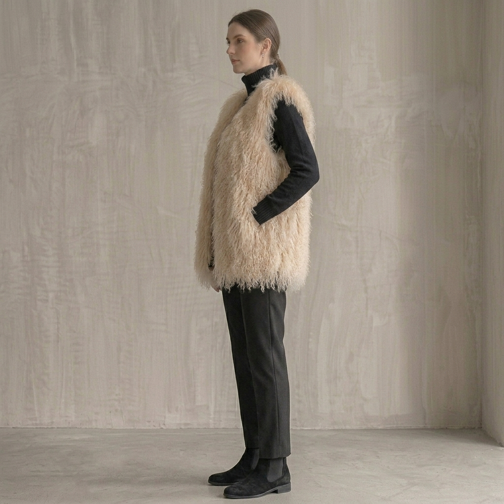 Genuine Champagne Cream Mongolian Lamb Fur Vest – 26 Inch Luxury Curly Fur Vest