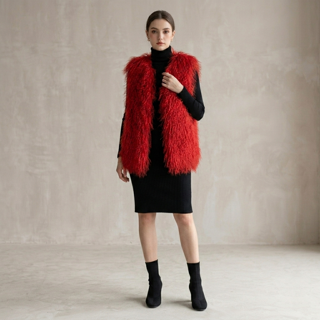 Burgundy Mongolian Lamb Fur Vest – 26 Inch Genuine Curly Lamb Fur Vest