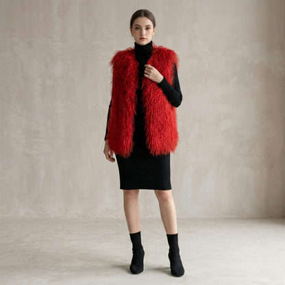 Burgundy Mongolian Lamb Fur Vest – 26 Inch Genuine Curly Lamb Fur Vest
