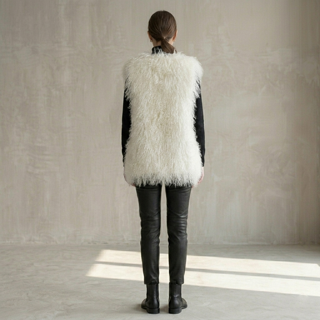 Genuine Natural White Mongolian Lamb Fur Vest – 26 Inch Luxury Curly Fur Vest
