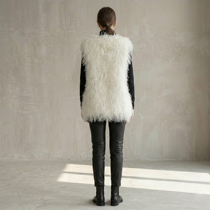 Genuine Natural White Mongolian Lamb Fur Vest – 26 Inch Luxury Curly Fur Vest